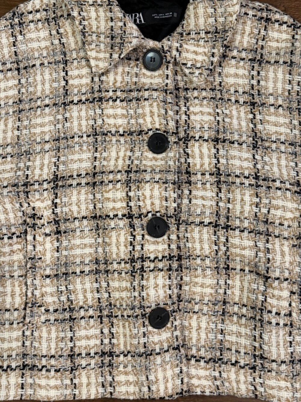 Zara Women’s Tweed Jacket Cream/Black Plaid Sz Large - Picture 8 of 12